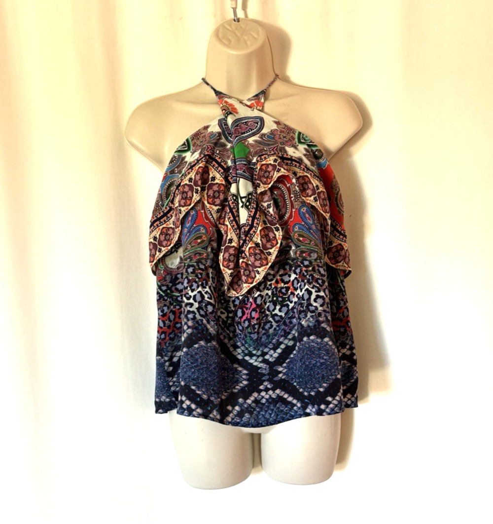 Moda Baronessa Top Tank Large Silk Floral Halter Multicolor Boho